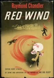The image shows the cover of Raymond Chandler's book 'Red Wind,' featuring a stylized illustration of a woman in a white…