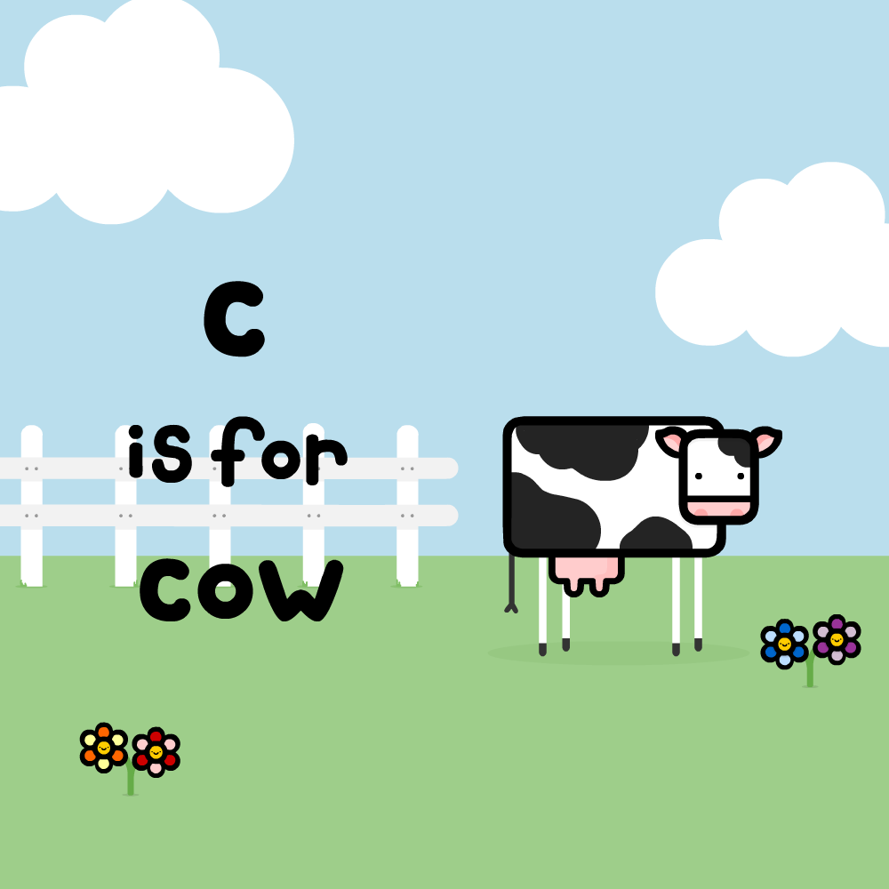 A cartoon cow with black and white patches stands in a green field next to a white picket fence under a blue sky with…