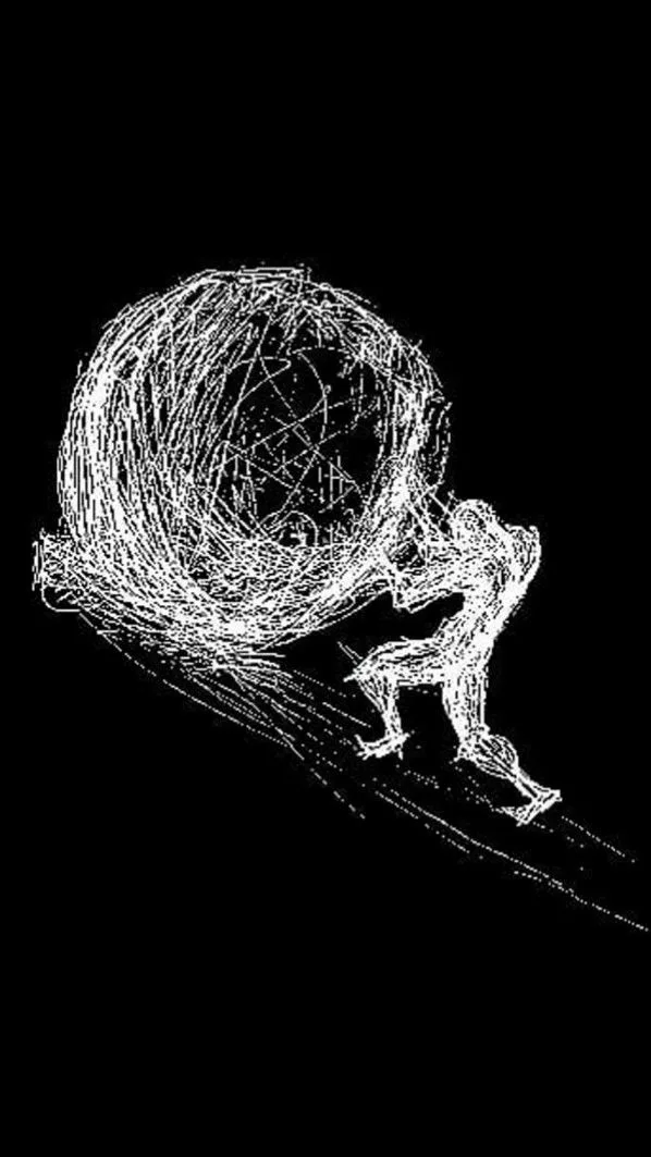 A black-and-white line drawing shows a stylized human figure struggling to push a massive, tangled ball of lines uphill. The…