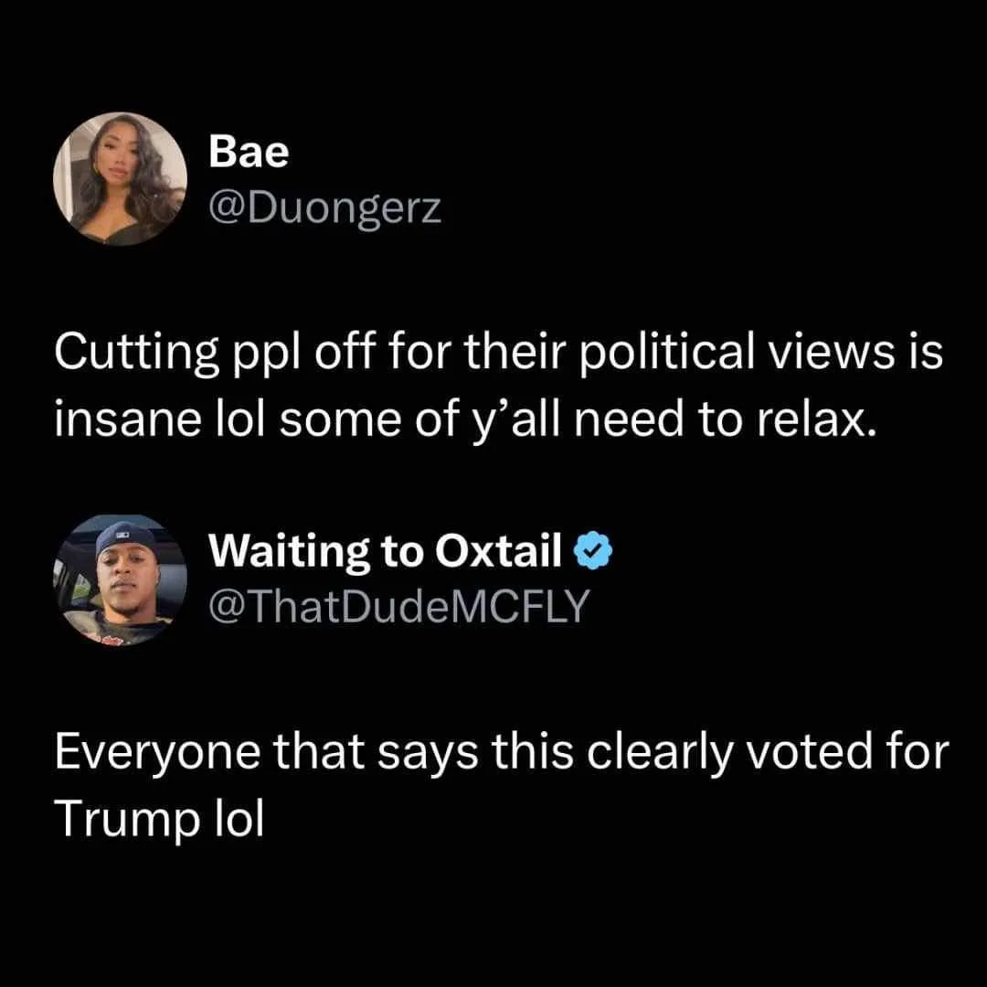 The image displays two Twitter-style posts. The first, from a user named 'Bae', says 'Cutting ppl off for their political…