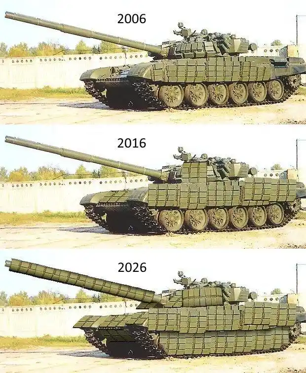 Three vertically stacked images of the same green military tank, each labeled with a year: 2006, 2016, and 2026. In each…