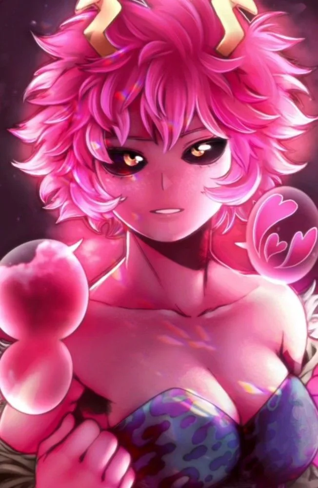 An anime-style illustration of a character with vibrant pink spiky hair and golden horns, wearing a purple patterned top…