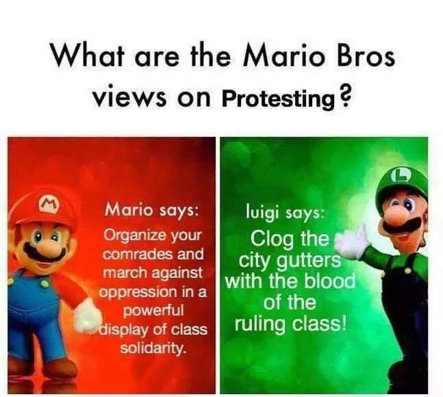 The image is split into two panels. The left panel shows Mario against a red background with text stating he advocates for…
