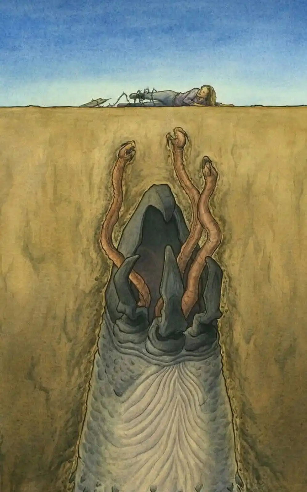 An illustration shows a person lying on the ground far above a massive, gaping maw with three tentacle-like arms reaching up…