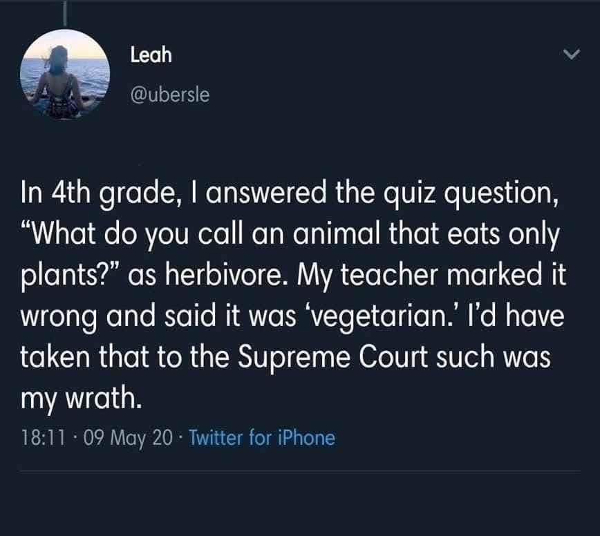 A screenshot of a Twitter post by user Leah (@ubersle) showing a dark blue background with white text. The post recounts a…