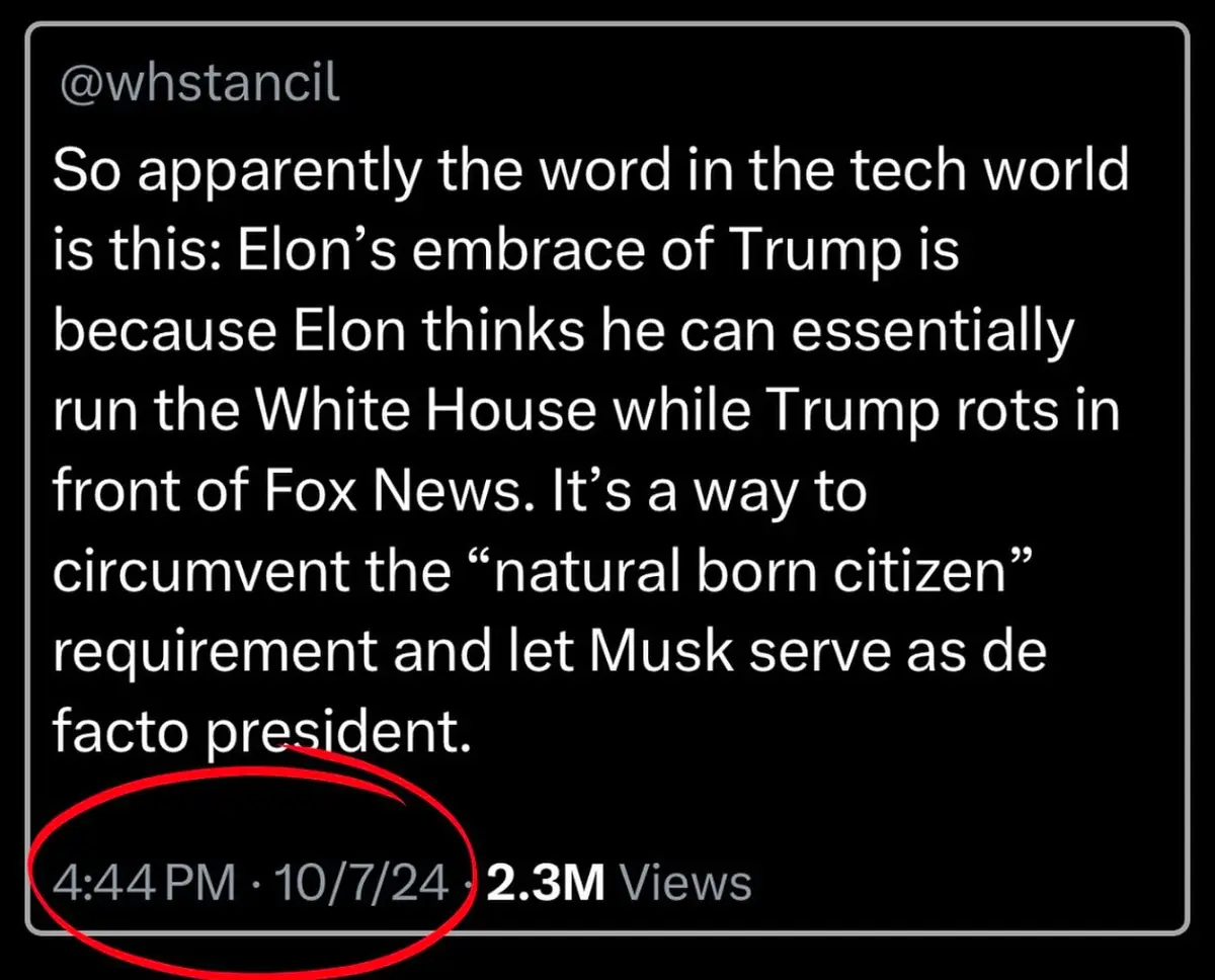 A screenshot of a tweet from @whstancil, which reads that Elon Musk's support for Trump is allegedly to bypass the 'natural…