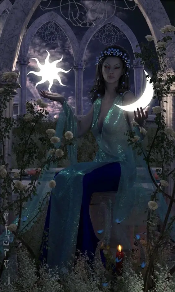 A woman in a shimmering teal gown sits in a gothic-style arched garden, holding a glowing sun in one hand and a glowing…