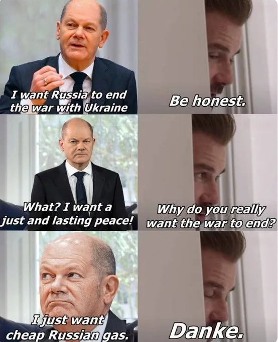 A six-panel meme featuring German Chancellor Olaf Scholz reacting to a question about ending the war with Ukraine, revealing…
