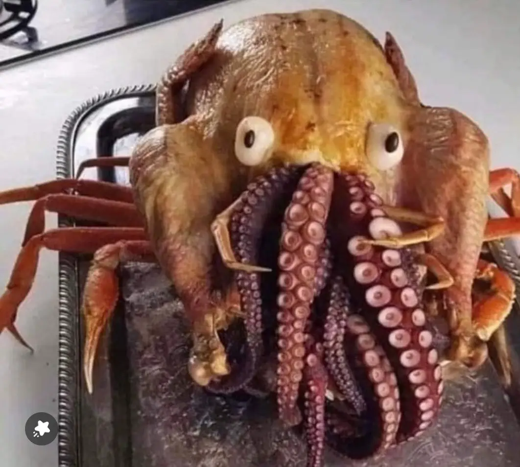 A cooked crab with an octopus's tentacles and suction cups emerging from its mouth, featuring large cartoonish eyes, sitting…