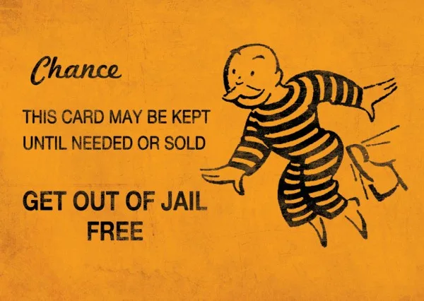 An orange-yellow Monopoly Chance card featuring a cartoon prisoner in black-and-white stripes leaping joyfully. The text…