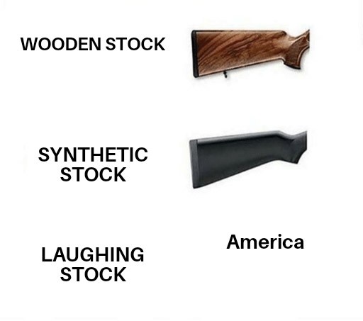 The image displays three shotgun stocks labeled 'WOODEN STOCK', 'SYNTHETIC STOCK', and 'LAUGHING STOCK', with 'America'…