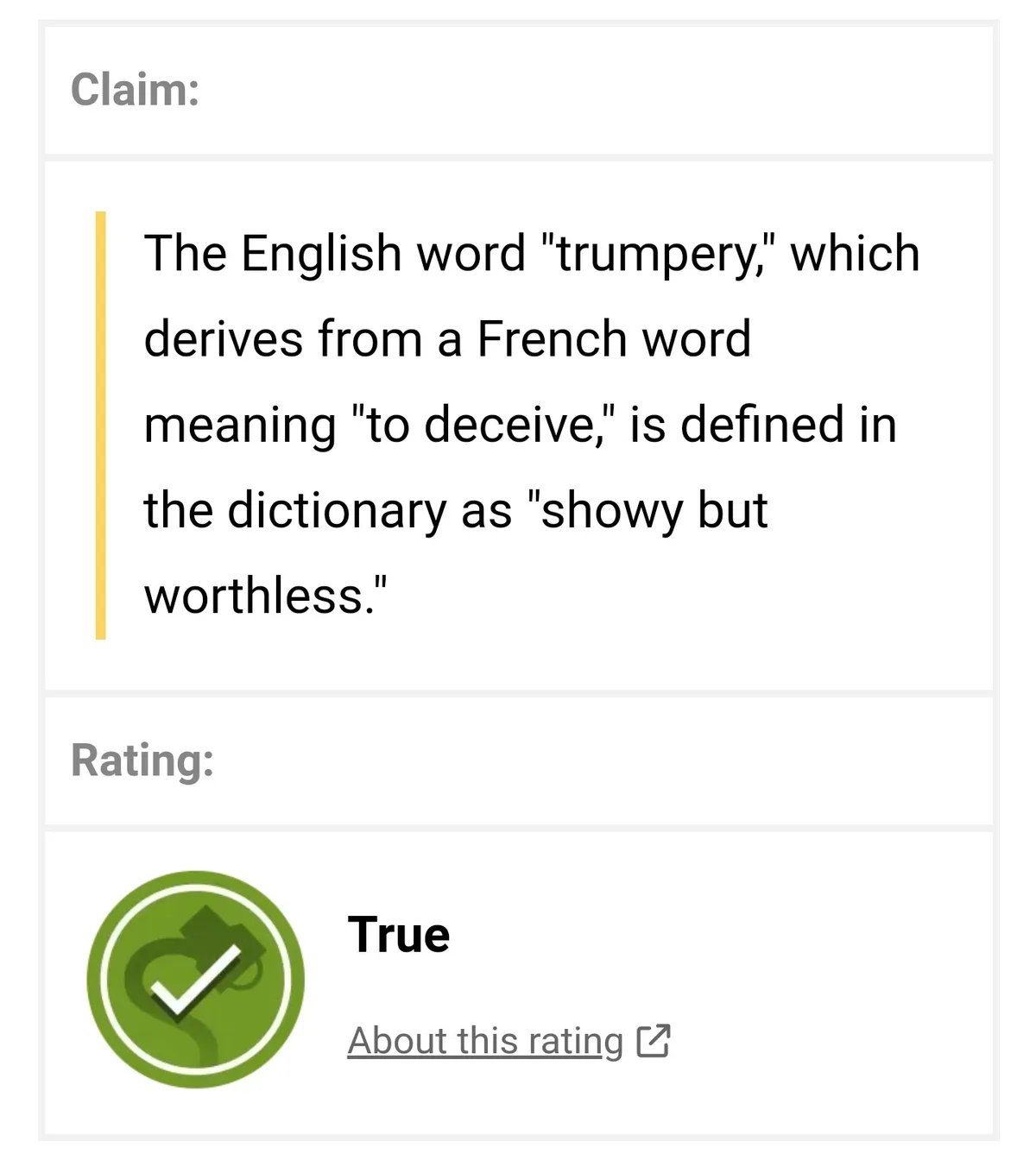 The image displays a digital interface resembling a fact-checking or truth-rating platform. Under a 'Claim:' heading, the…