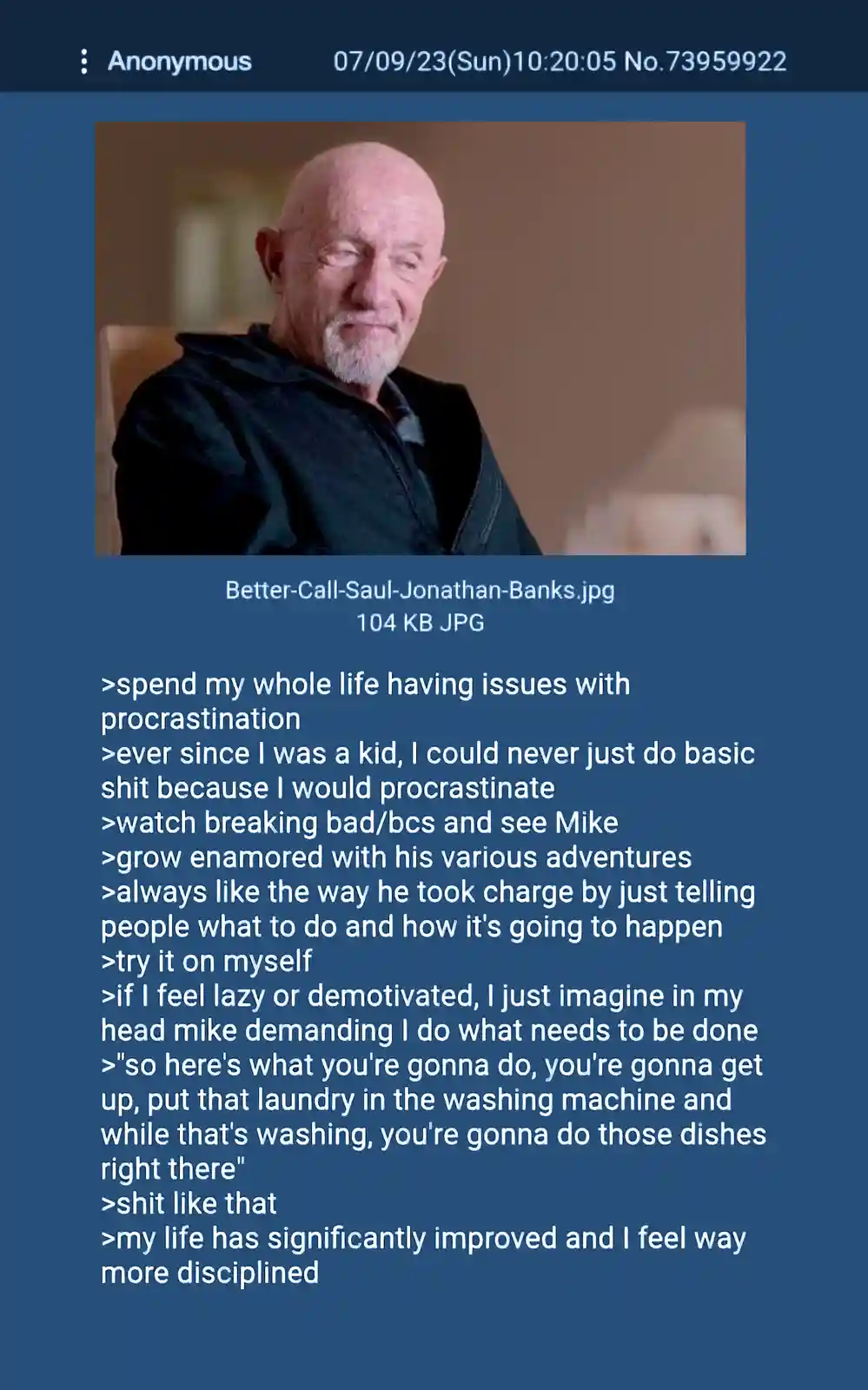 A screenshot of a 4chan post featuring a photo of actor Jonathan Banks as his character Mike Ehrmantraut from 'Breaking…