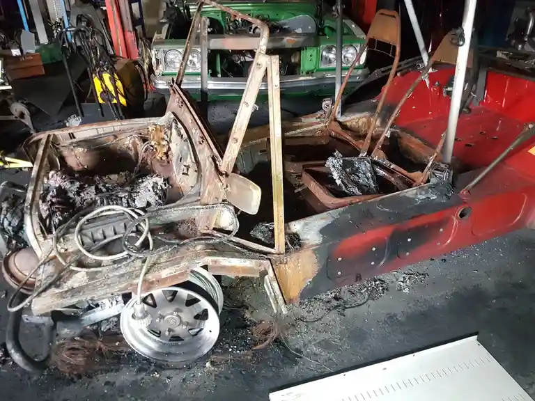 A burnt-out Moke captured on March 5, 2019