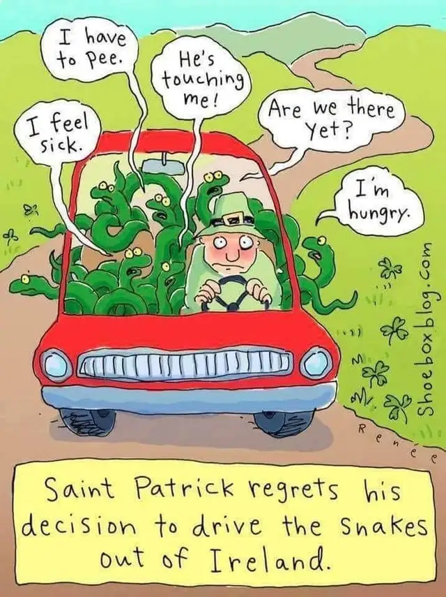 A cartoon depicts a man in a green hat driving a red car filled with green snakes. The snakes have speech bubbles saying 'I…