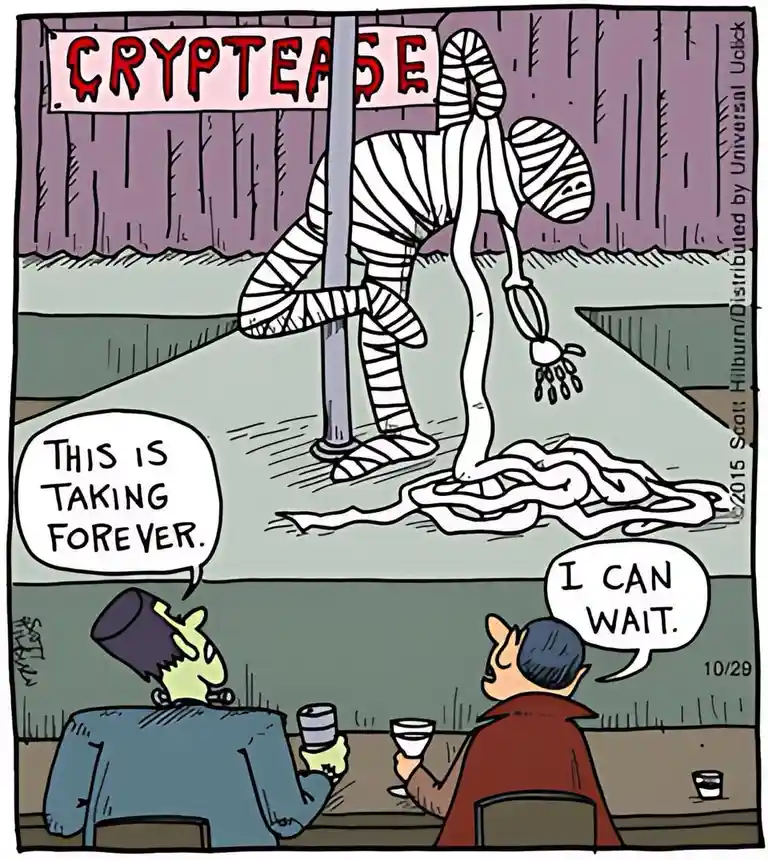 A cartoon depicts a mummy performing a pole dance under a sign that reads 'CRYPTease' while two patrons sit at a bar. One…