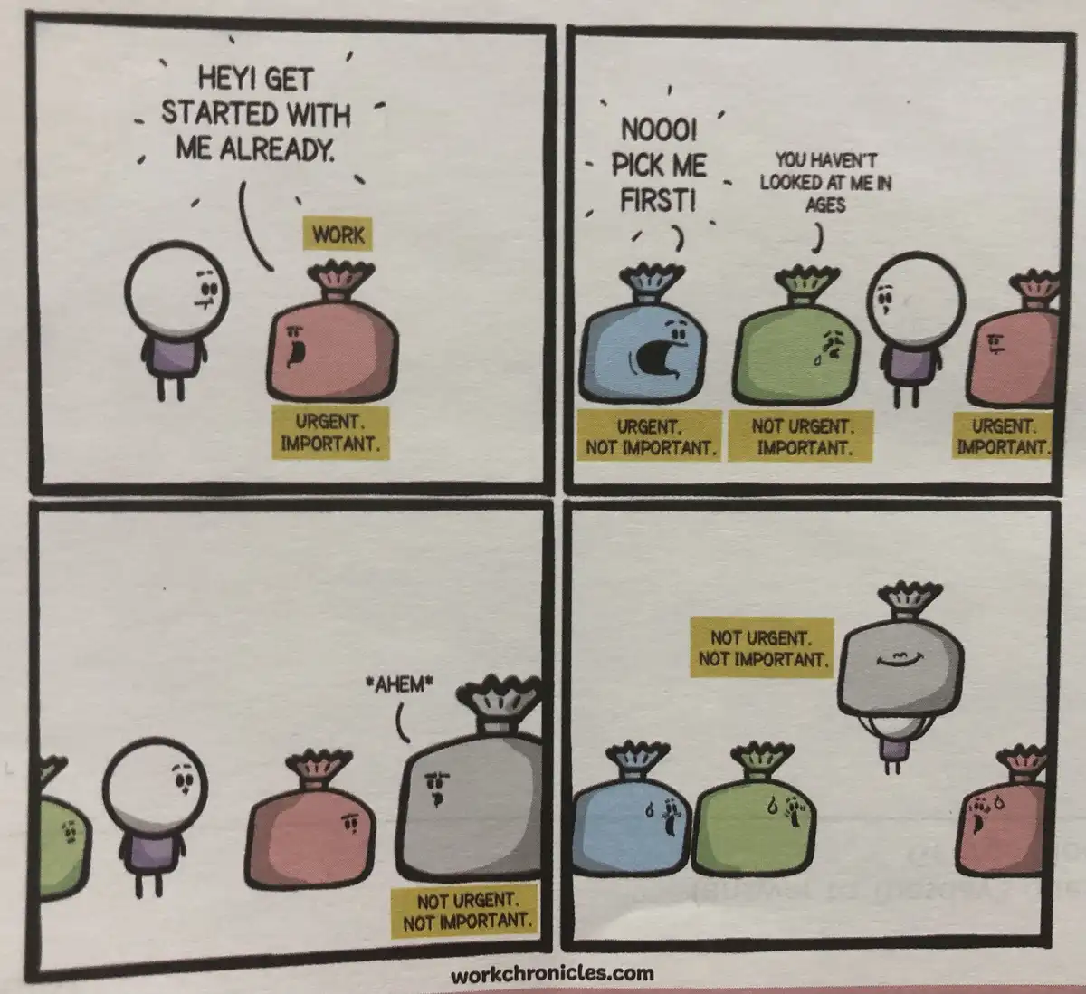 A four-panel comic shows a person trying to prioritize tasks represented as bags. The first bag, labeled 'URGENT…
