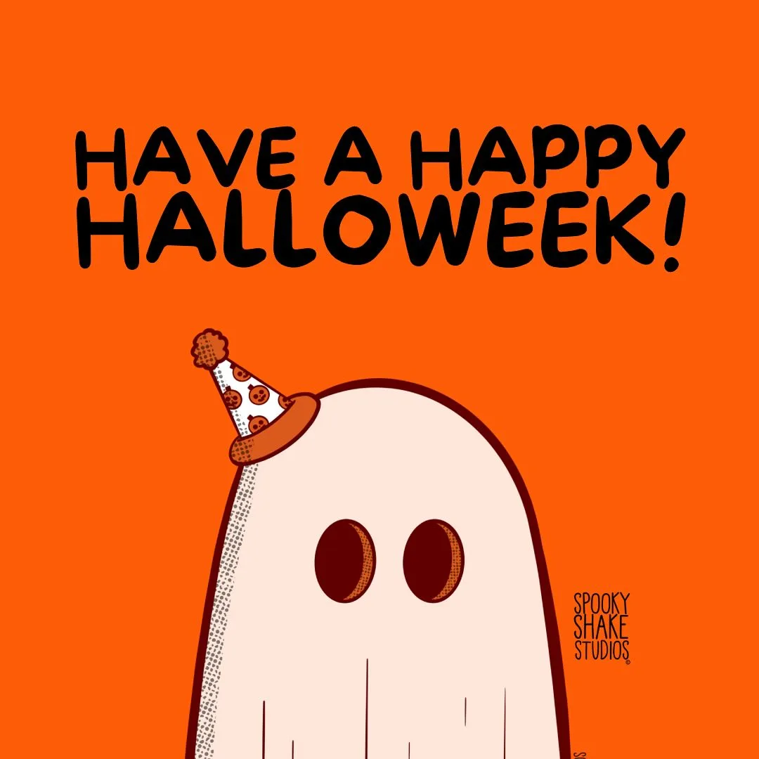 A cartoon ghost with two round eyes and a dotted outline wears a party hat decorated with pumpkins, set against a solid…
