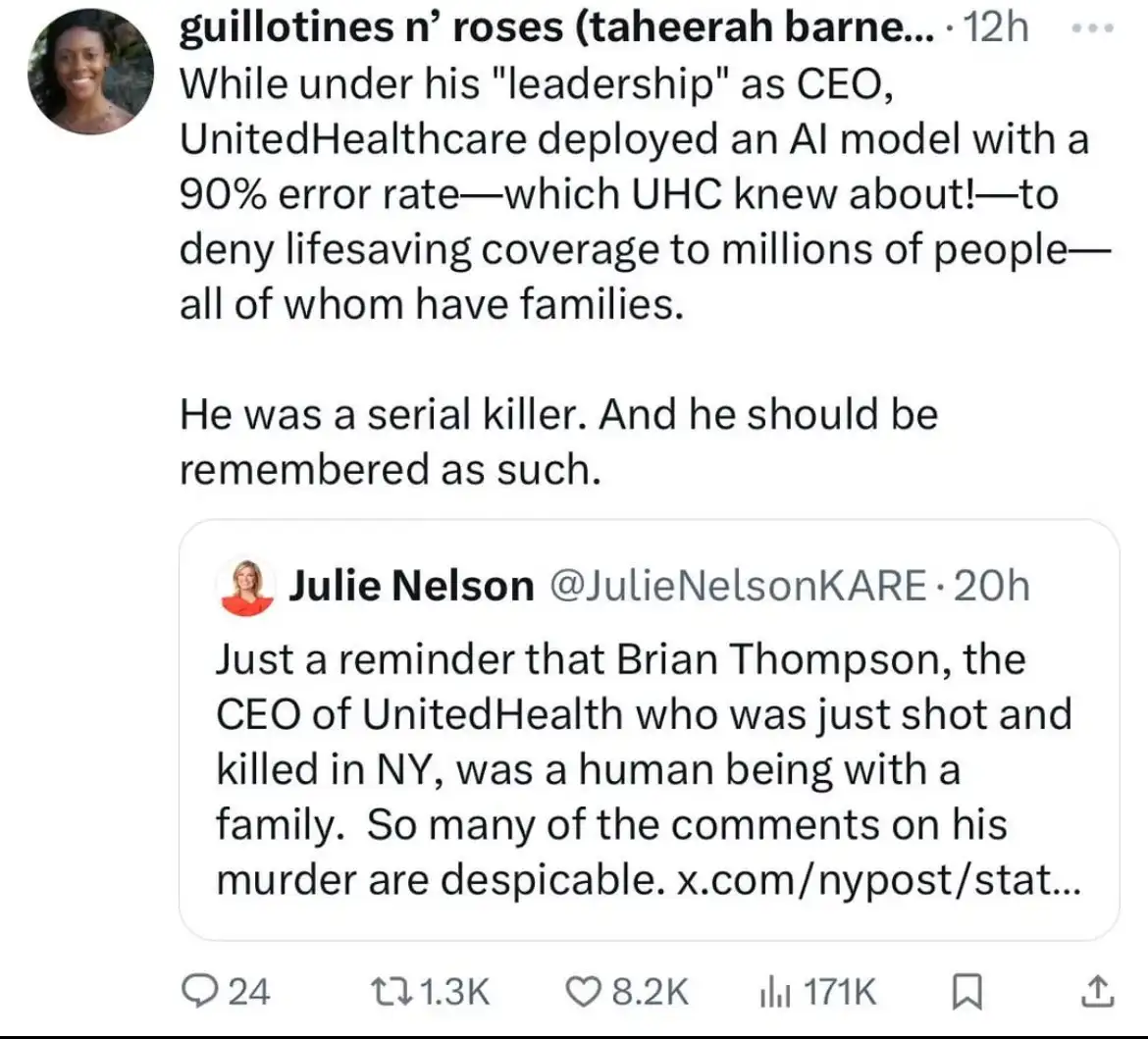 A screenshot of a Twitter thread where user 'guillotines n' roses' responds to a tweet by Julie Nelson. The original tweet…