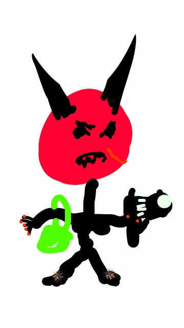 A crudely drawn cartoon devil with a red circular head, black horns, and an angry expression, holding a green kettle in one…