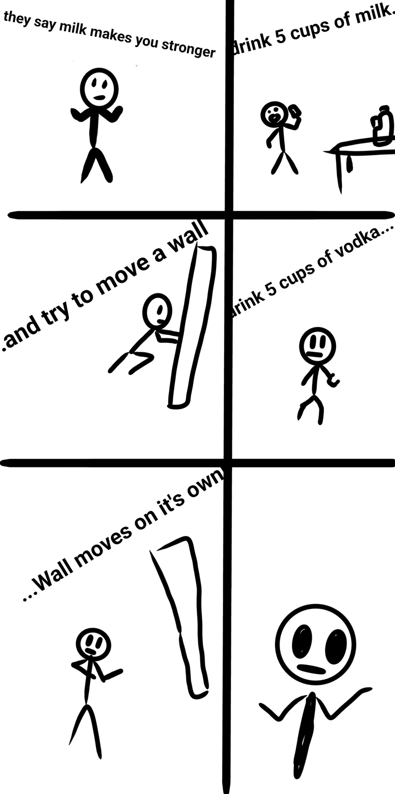 A four-panel comic strip with stick figures. Top left: a stick figure with text 'they say milk makes you stronger'. Top…
