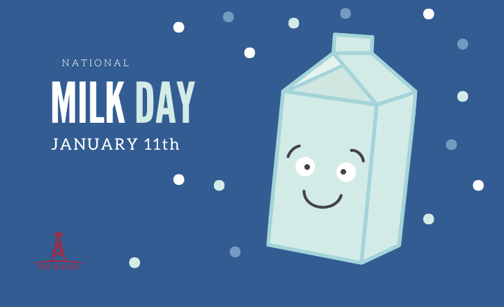 A cheerful, cartoon-style milk carton with a smiling face is set against a dark blue background with white dots resembling…