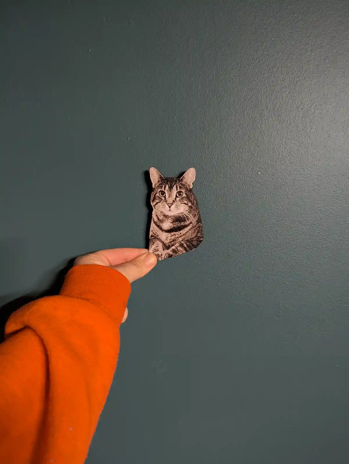 A hand in an orange sleeve holds a cutout magnet shaped like a tabby cat's head against a dark teal wall. The magnet has a…