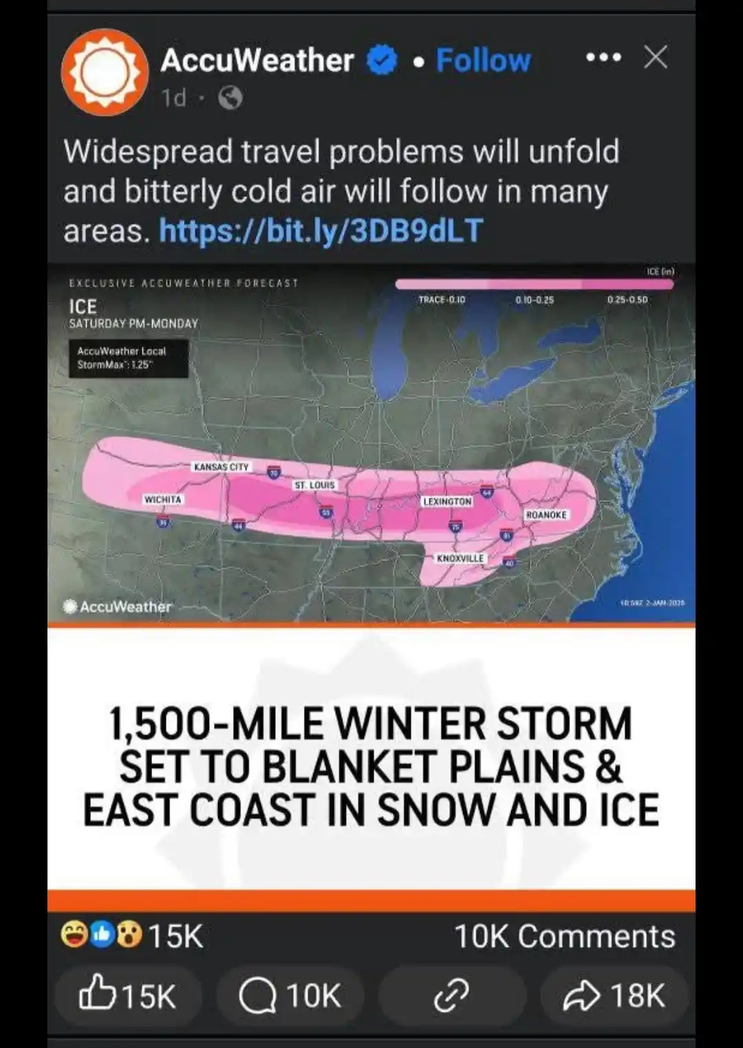A screenshot of an AccuWeather social media post showing a weather map with a large pink area covering cities like Kansas…