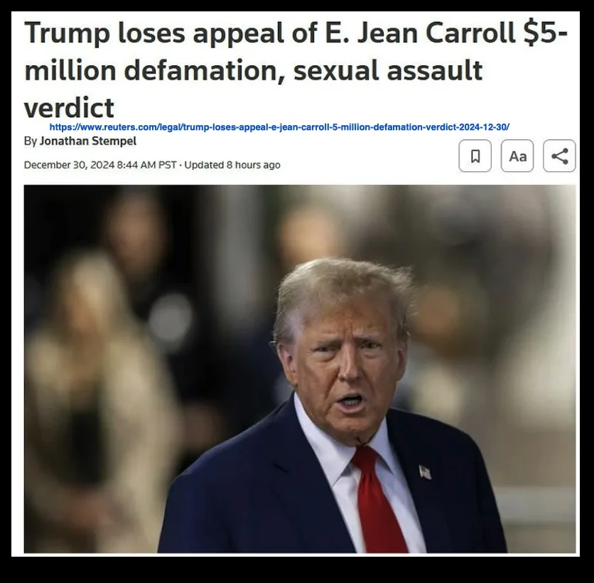 A screenshot of a Reuters news article headline about Donald Trump losing an appeal of a $5-million defamation and sexual…