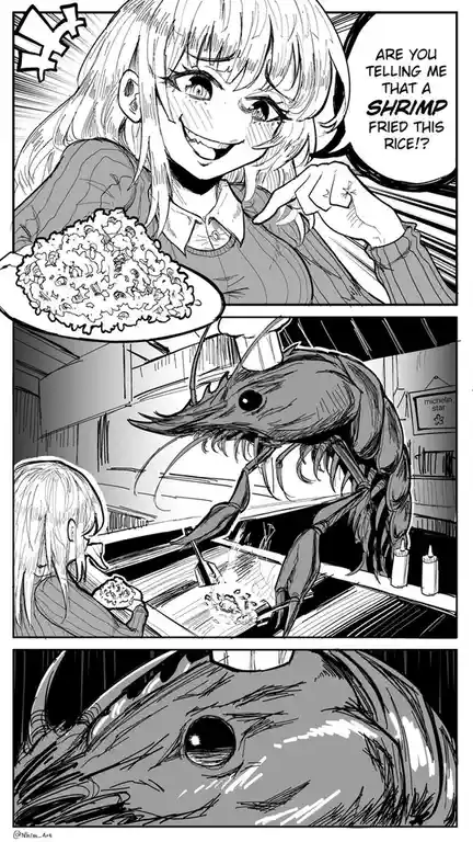 A three-panel manga-style comic shows a woman holding a plate of fried rice and exclaiming in shock that a shrimp made it…