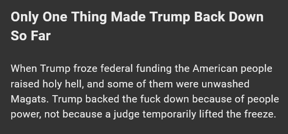 A dark gray background with white text that reads 'Only One Thing Made Trump Back Down So Far' followed by a paragraph…