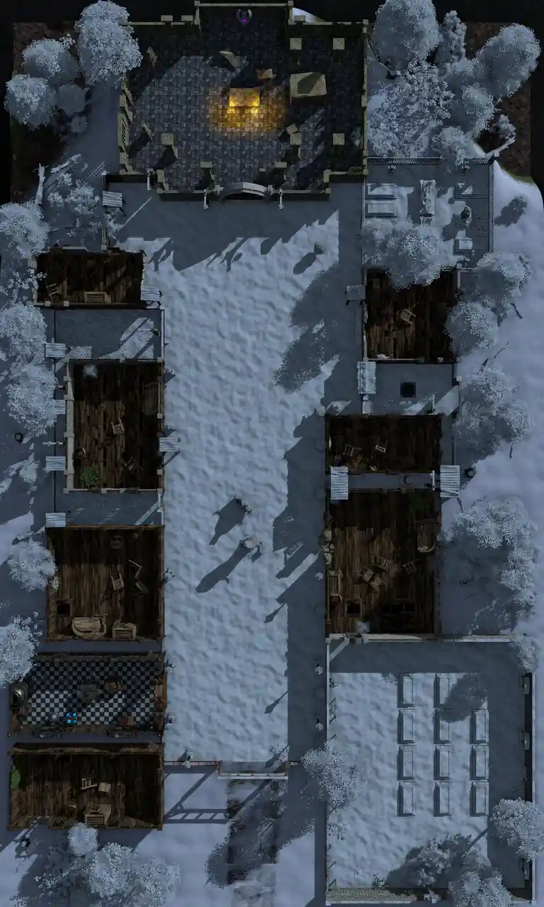 An overhead view of a snowy, abandoned fantasy village with wooden buildings, a central stone courtyard with a glowing light…