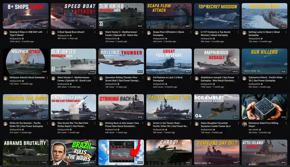 A screenshot of a YouTube channel page showing a grid of video thumbnails, mostly from naval warfare games like 'Silent…