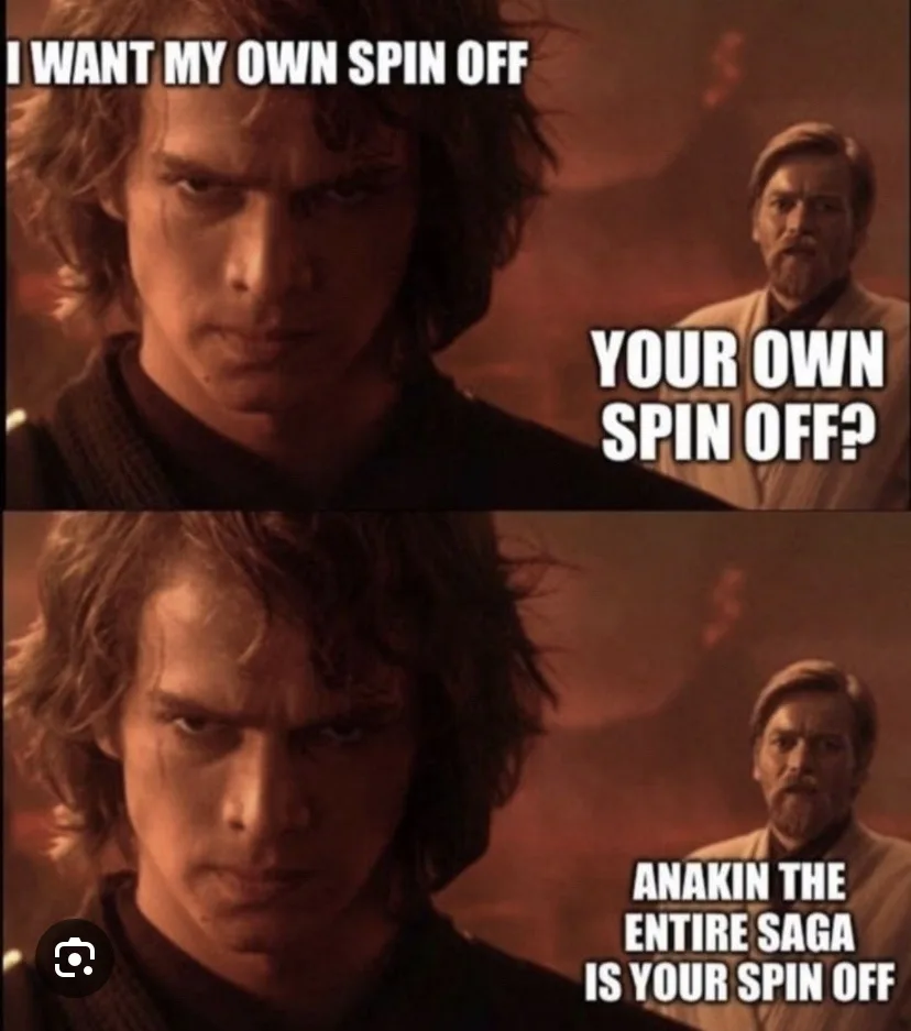 A two-panel meme featuring Anakin Skywalker from Star Wars looking intensely at the camera while Obi-Wan Kenobi looks on. In…