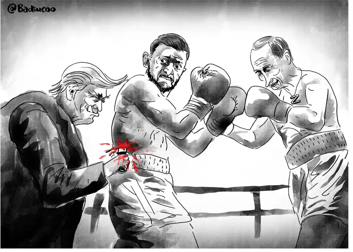 A black-and-white cartoon depicts three men in a boxing ring. On the left, a man with a distinctive hairstyle and suit…