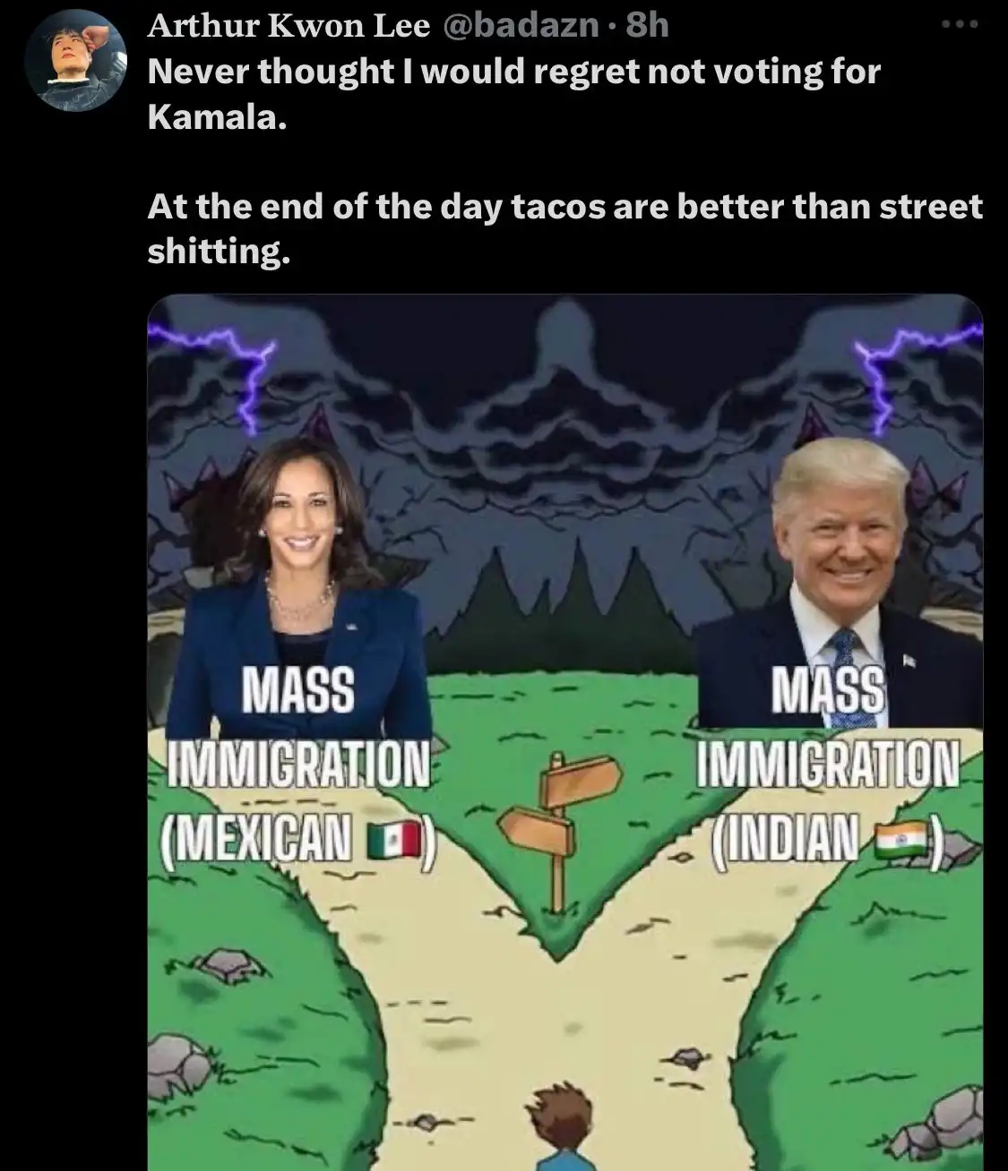 A meme image shows a cartoon scene with a child standing at a fork in the road, facing two paths. On the left path is a…