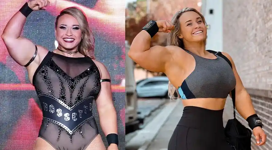 A side-by-side image shows a woman flexing her bicep in two different outfits: on the left, she wears a black sequined…