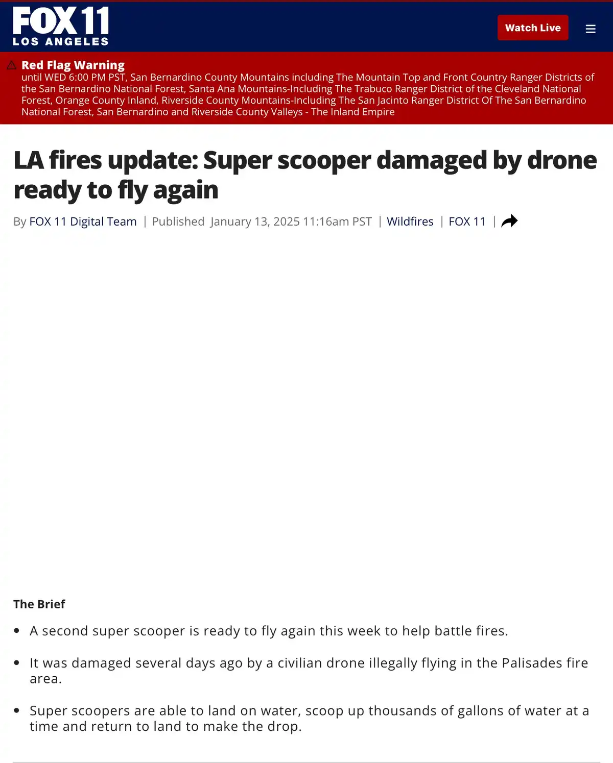 A screenshot of a FOX 11 Los Angeles news article headline about a 'super scooper' aircraft being damaged by a civilian…