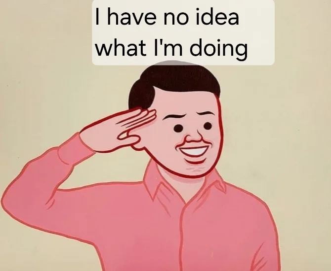 A cartoon man in a pink shirt is saluting with a wide, awkward smile while a white text box above his head reads 'I have no…