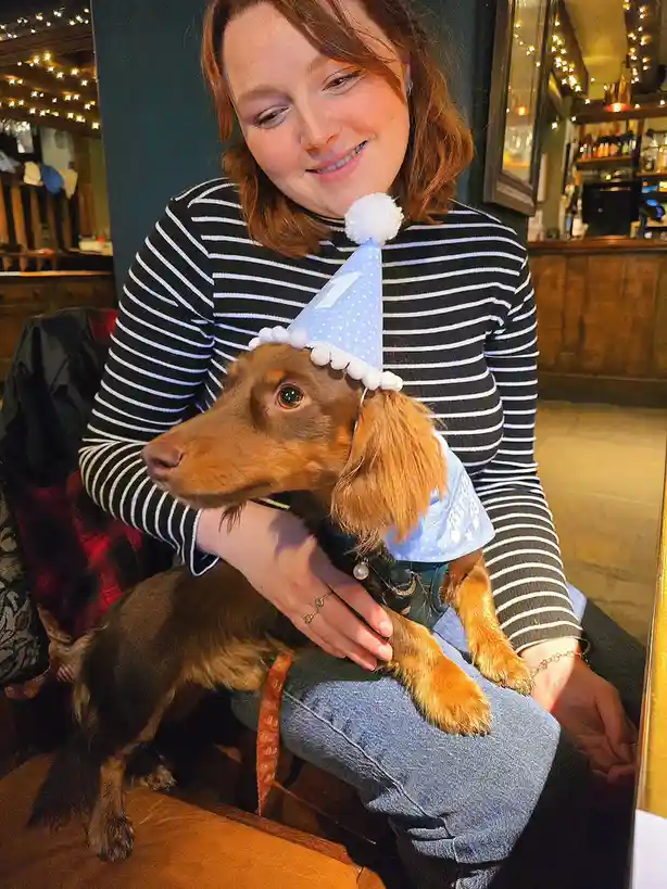 A woman in a black-and-white striped shirt is smiling while holding a dachshund wearing a blue party hat with a white number…