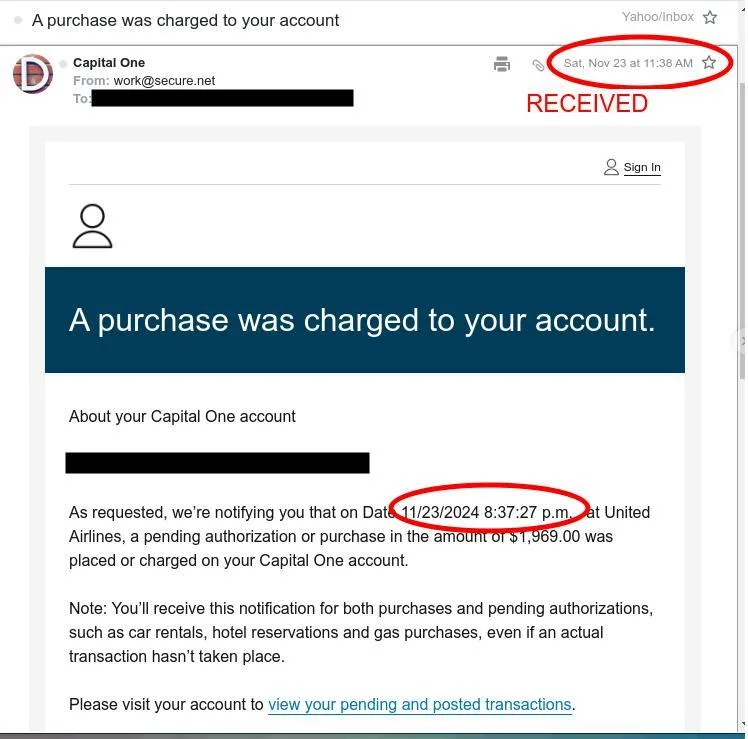 An email screenshot from Capital One shows a purchase notification dated November 23, 2024, for $1,969.00 at United…
