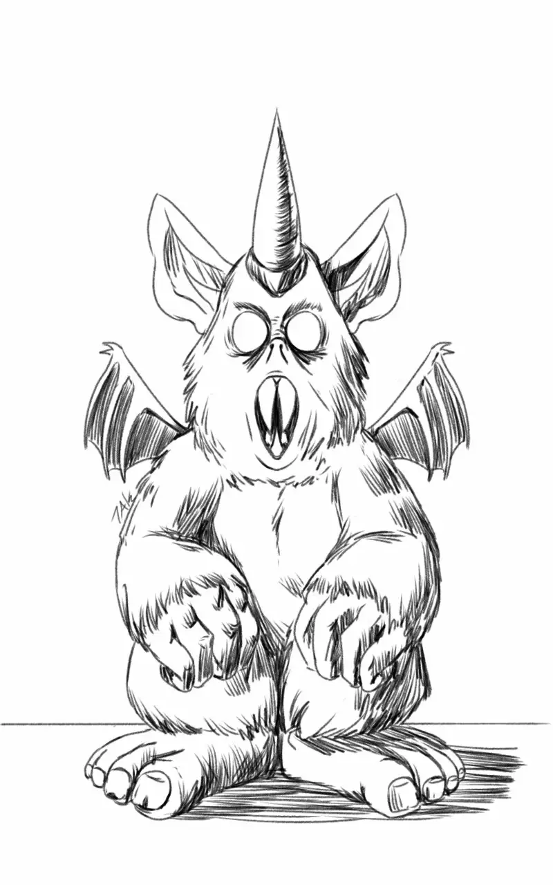 A black-and-white line drawing shows a furry, bipedal creature with bat-like wings, large ears, a unicorn horn, and wide…