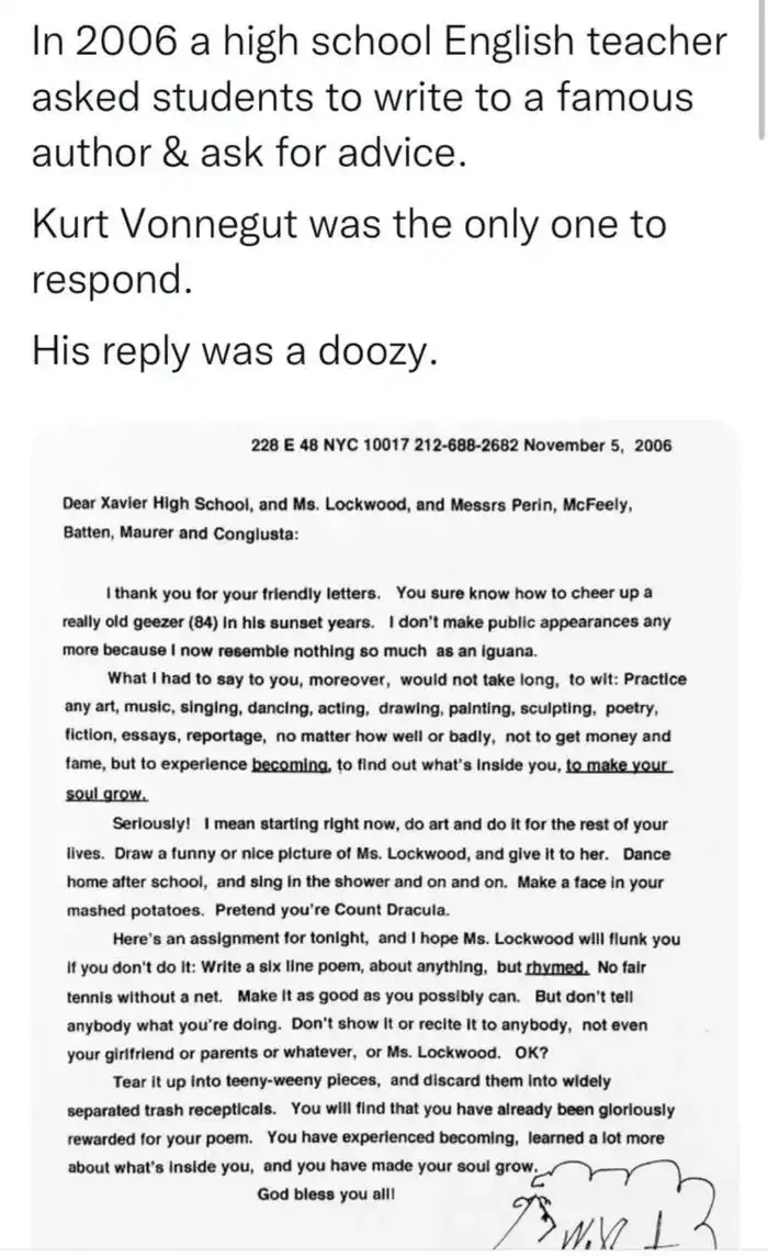 A scanned letter dated November 5, 2006, from author Kurt Vonnegut to Xavier High School students and teachers. The letter…