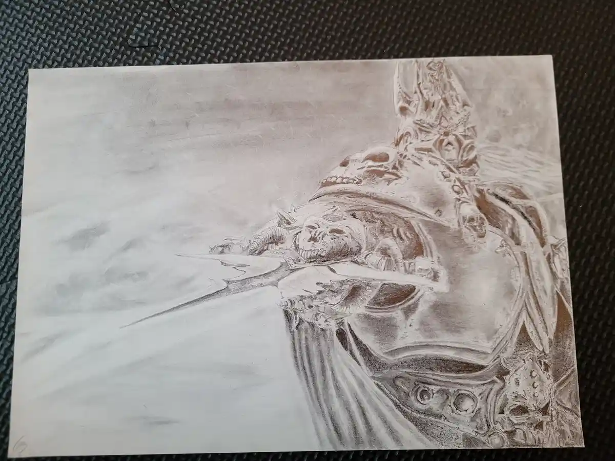 A grayscale pencil drawing depicts a heavily armored, skull-adorned fantasy warrior holding a large sword, set against a…