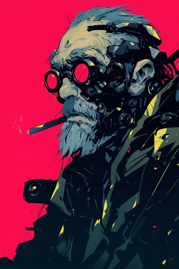 A stylized illustration of an elderly man with a gray beard and goggles, his face partially replaced by mechanical…