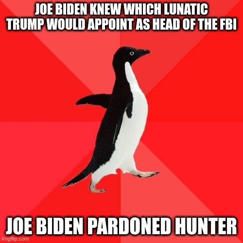 A black-and-white penguin stands against a red background with diagonal stripes, looking forward. The text at the top reads…