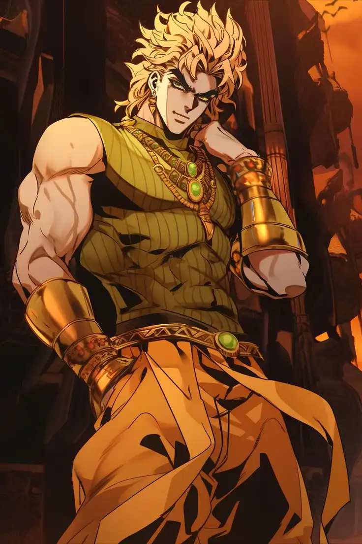 A muscular anime character with spiky blonde hair, green eyes, and gold jewelry poses confidently in a golden outfit against…