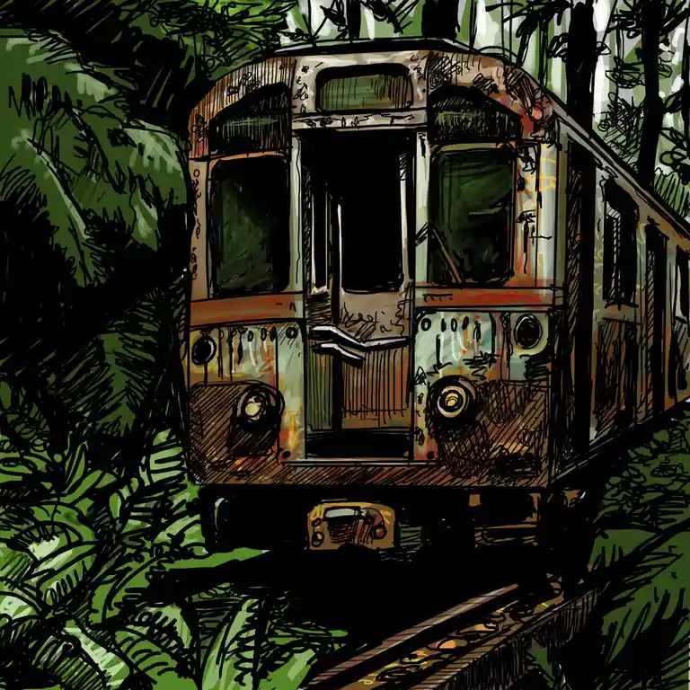 A hand-drawn illustration shows an old, rusty train car surrounded by dense, overgrown green foliage, with tracks barely…