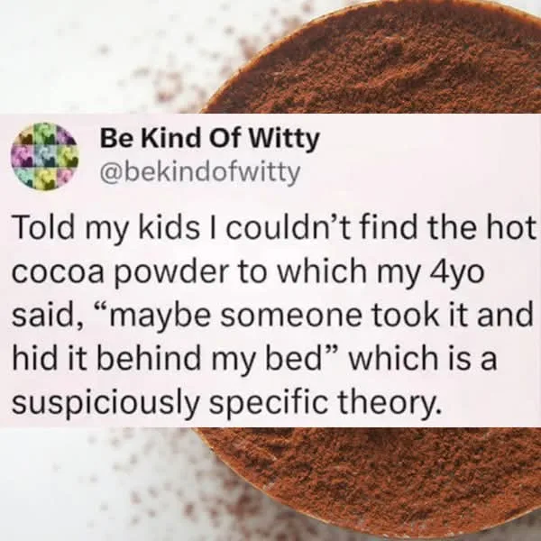 A close-up photo of brown cocoa powder in a bowl with scattered powder around it, overlaid with a tweet from 'Be Kind Of…