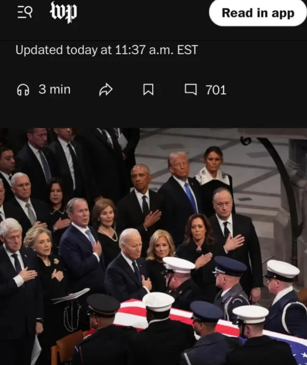 A screenshot of a Washington Post article shows a group of U.S. presidents and their families standing solemnly at a state…